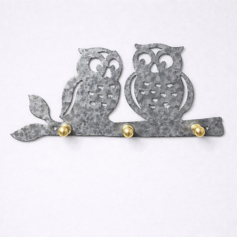 Hammered galvanized owl wall key holder with brass knobs