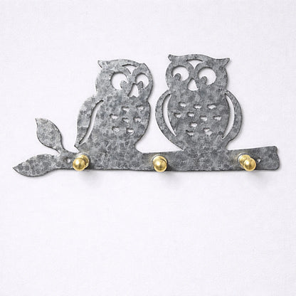 Hammered galvanized owl wall key holder with brass knobs