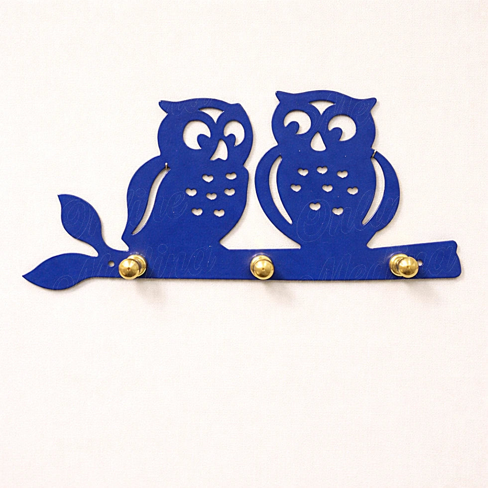 Blue galvanized owl wall key holder with brass knobs