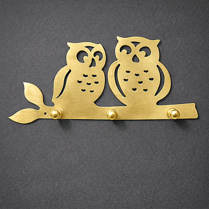Brass owl wall key holder with three solid brass knobs