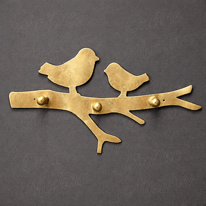Handcrafted bird wall key holder made of brass metal with three solid brass hooks, minimalist artisan wall decor