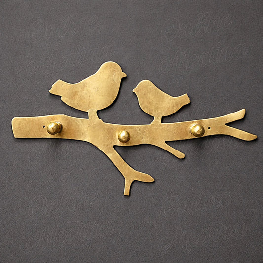 Handcrafted bird wall key holder made of brass metal with three solid brass hooks, minimalist artisan wall decor