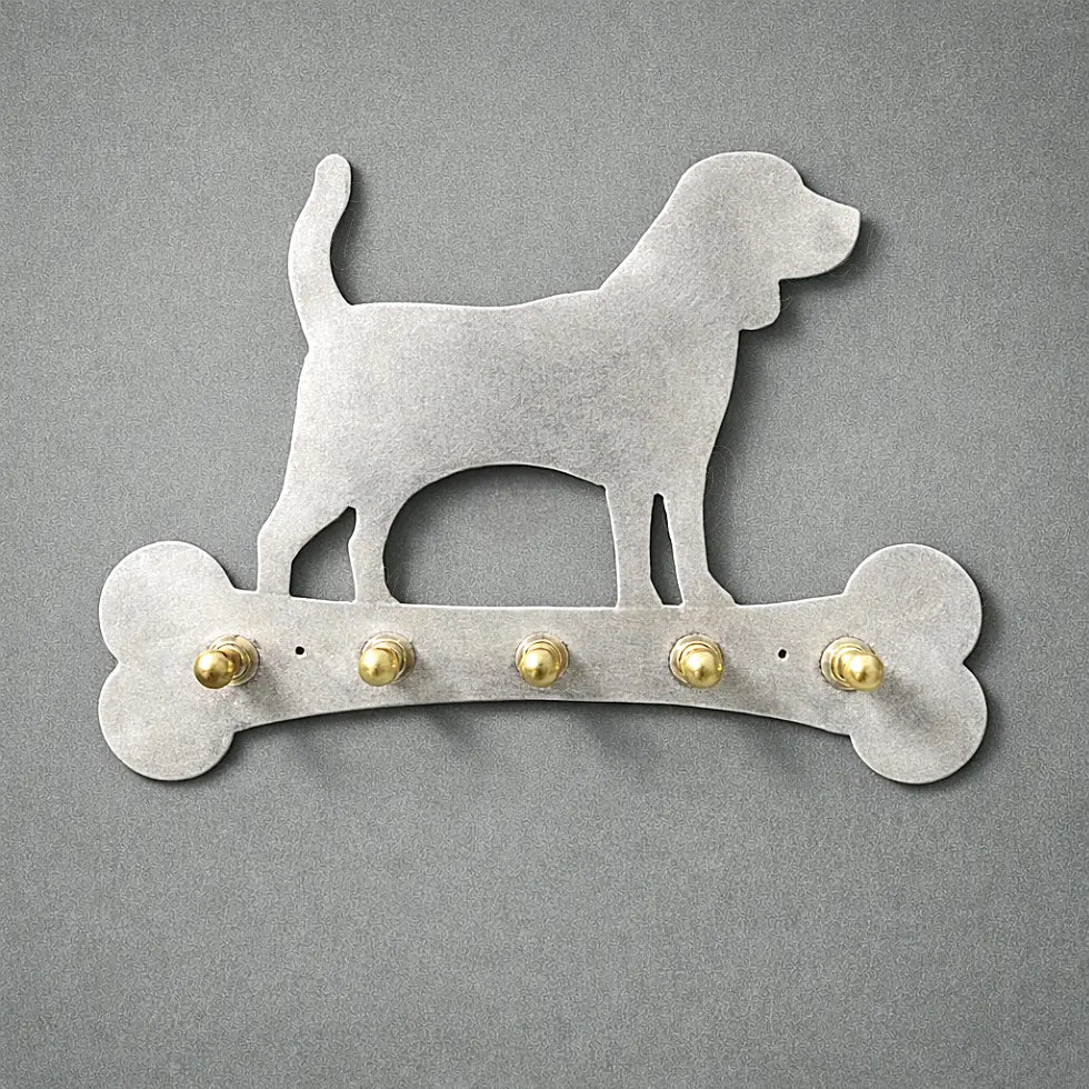 Dog wall key holder handcrafted from silver tin alloy with a soft matte metallic finish