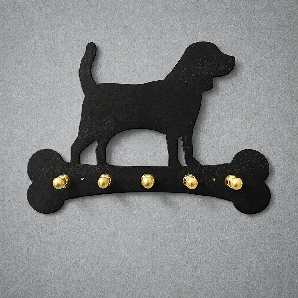 Black galvanized metal dog wall key holder with a minimalist design and brass hooks