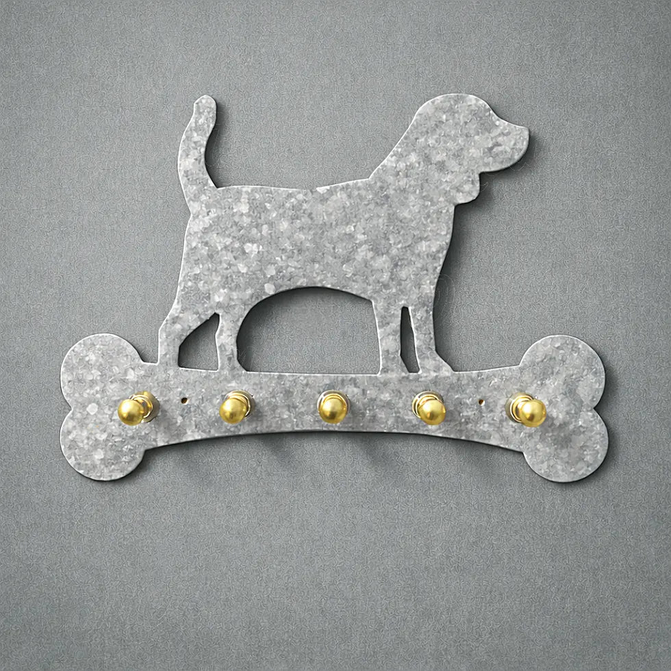 Hammered gray galvanized metal dog wall key holder showcasing texture and handcrafted character