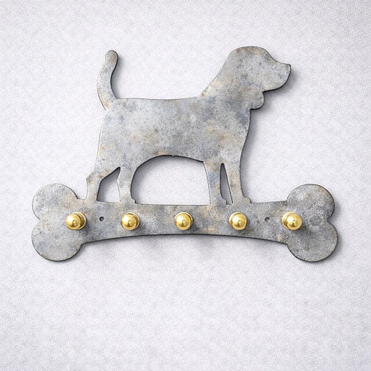 Heat-treated gray galvanized metal dog wall key holder with subtle tonal variations and artisanal finish