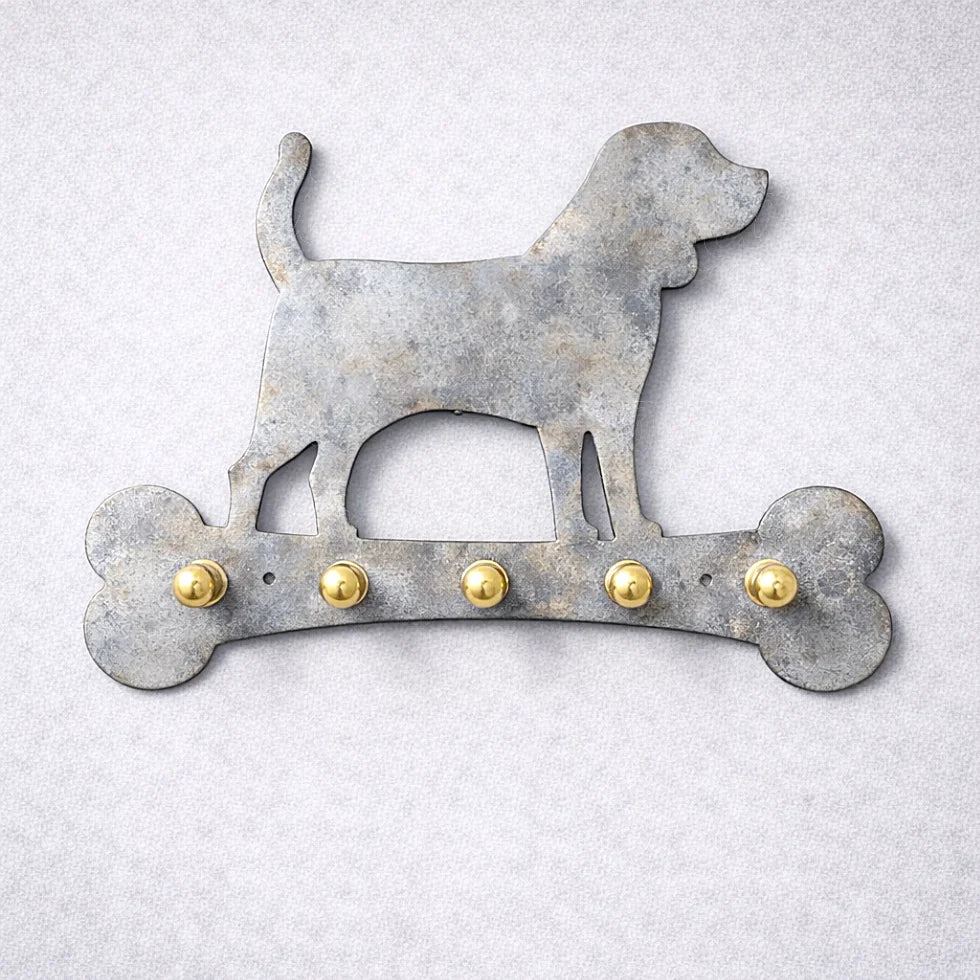Heat-treated gray galvanized metal dog wall key holder with subtle tonal variations and artisanal finish