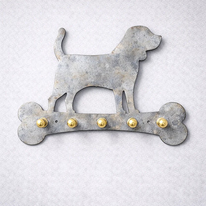 Heat-treated gray galvanized metal dog wall key holder with subtle tonal variations and artisanal finish