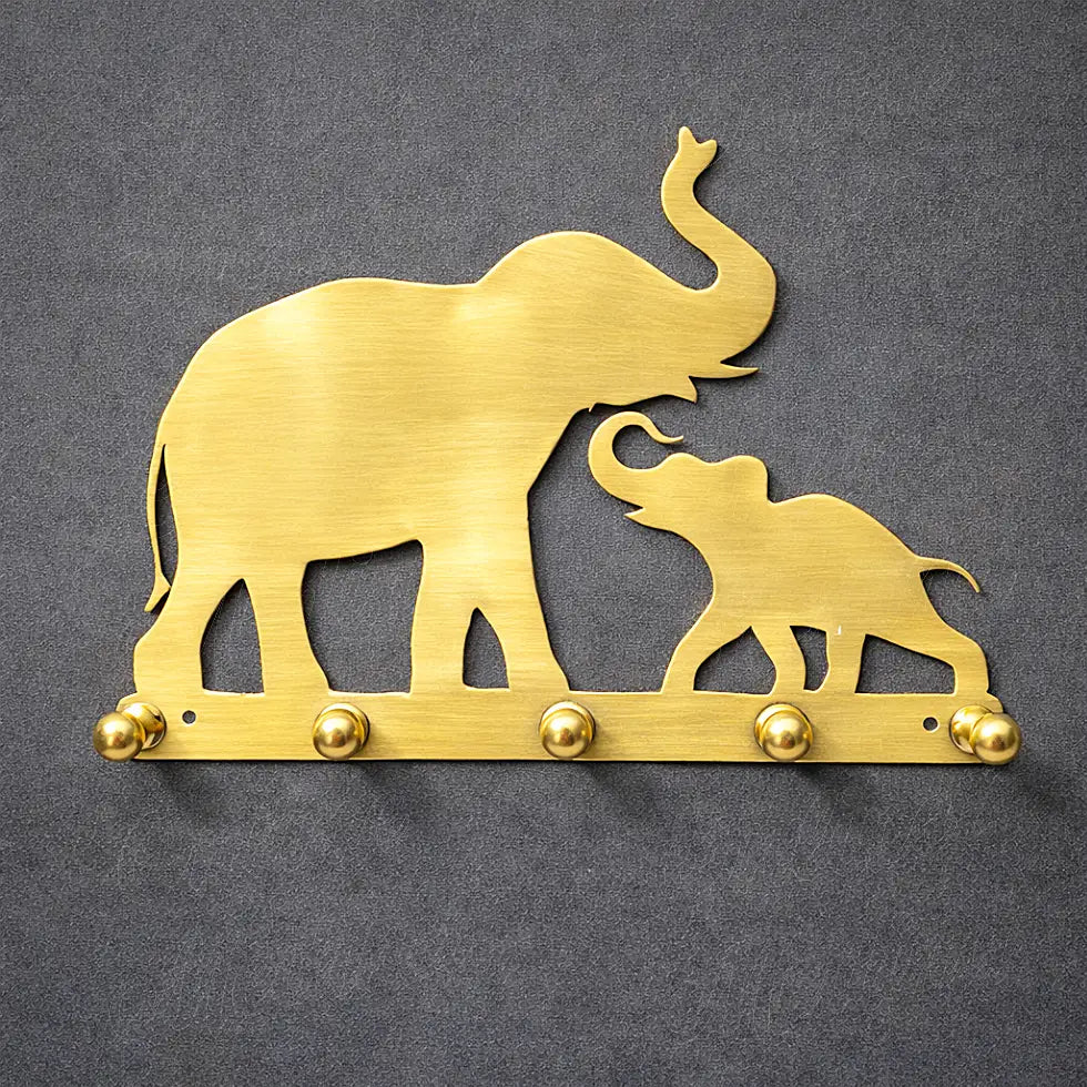 Elephant mother and baby wall key holder in solid brass with five hooks, handcrafted metal design