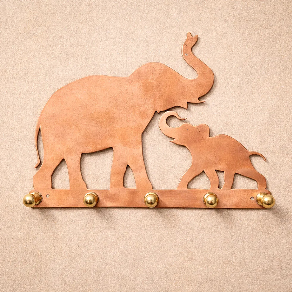 Elephant mother and baby wall key holder in natural copper, warm handcrafted metal finish