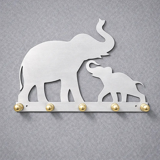 Elephant mother and baby wall key holder in silver tin alloy with a smooth satin metal look