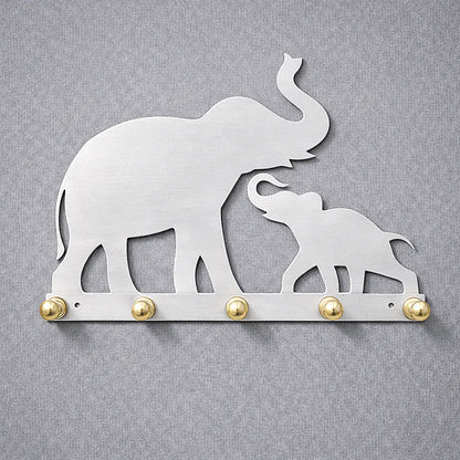 Elephant mother and baby wall key holder in silver tin alloy with a smooth satin metal look