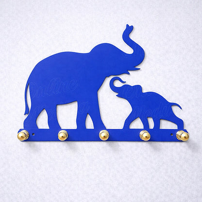 Elephant mother and baby wall key holder in Majorelle blue galvanized metal, bold decorative wall piece