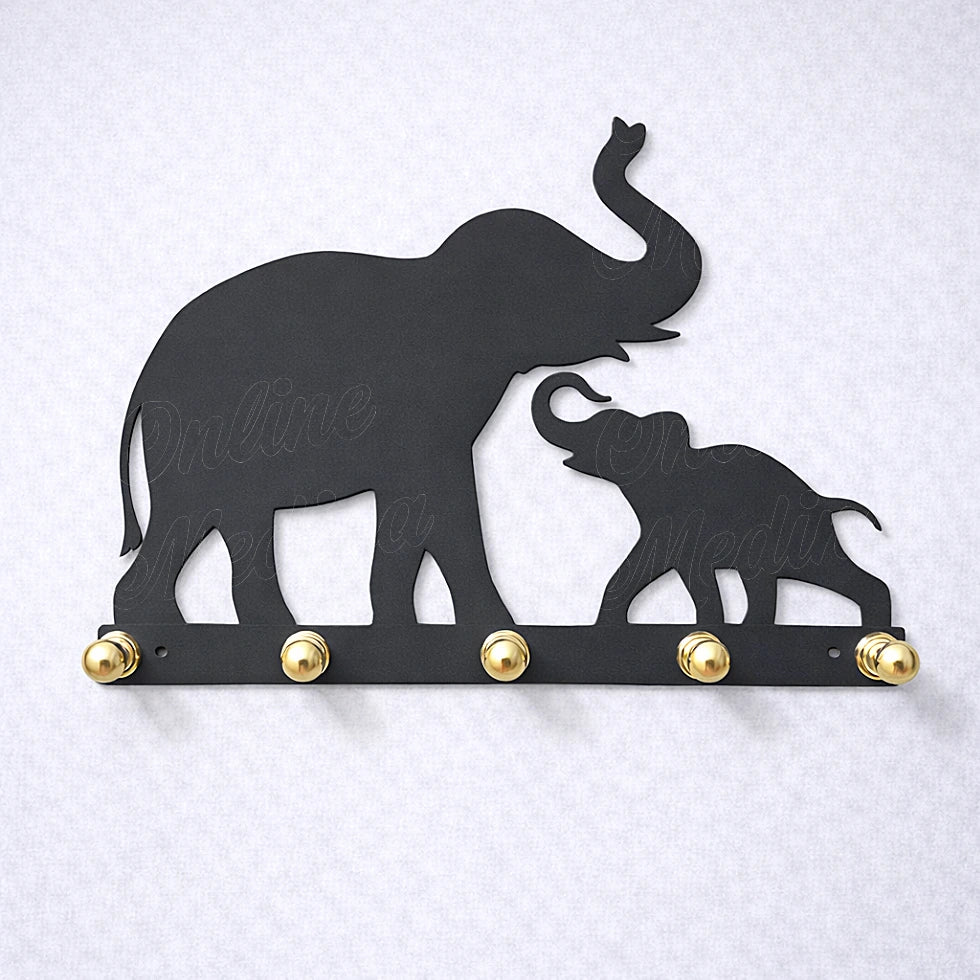 Elephant mother and baby wall key holder in black galvanized metal with contrasting brass hooks