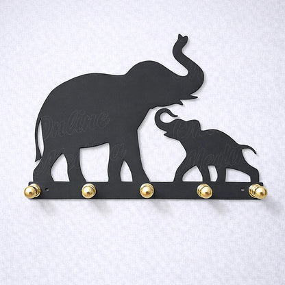 Elephant mother and baby wall key holder in black galvanized metal with contrasting brass hooks