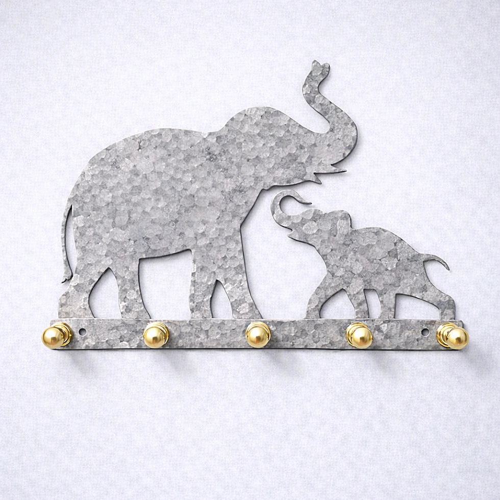 Elephant mother and baby wall key holder in hammered grey galvanized metal, textured artisan finish