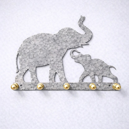 Elephant mother and baby wall key holder in hammered grey galvanized metal, textured artisan finish