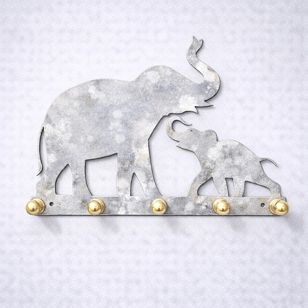 Elephant mother and baby wall key holder in heated grey galvanized metal with natural patina effect