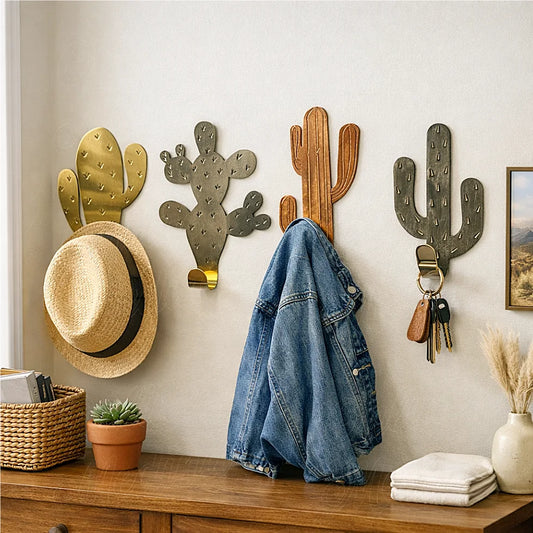 Handmade Moroccan cactus wall hooks set in brass copper and silver metal artisan desert wall decor for coats hats bags and keys