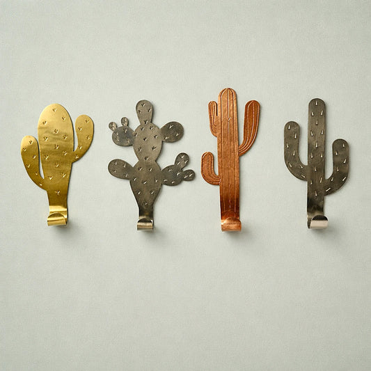 Handmade Moroccan cactus wall hooks in brass copper and silver metal decorative wall hooks inspired by desert cactus shapes