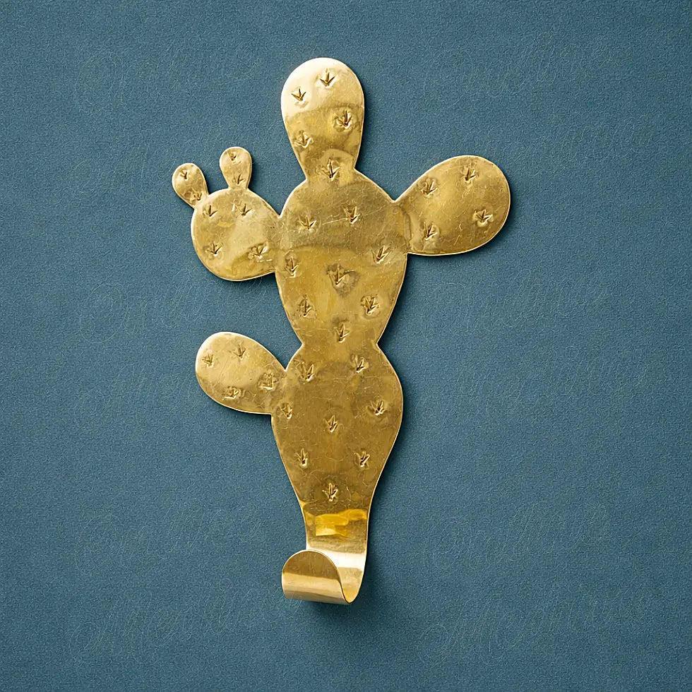Handmade brass Opuntia cactus wall hook Moroccan artisan metal wall decor inspired by desert cactus shapes for coats hats and bags
