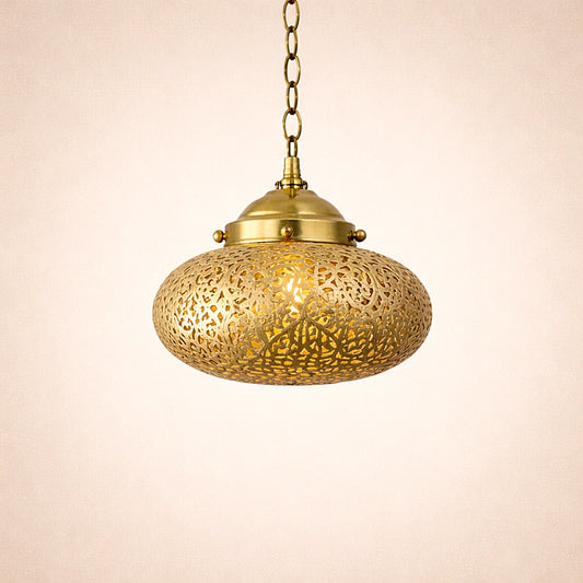Golden openwork saucer pendant lamp, compact shape on a pale background.