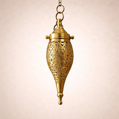 Close up of handmade Moroccan brass teardrop pendant light showing detailed openwork pattern