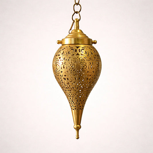 Front view of handcrafted Moroccan brass teardrop pendant light with intricate pierced metal design