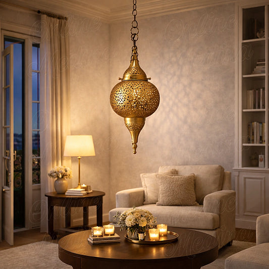 Large Moroccan brass pendant light illuminating a cozy European living room with warm ambient lighting