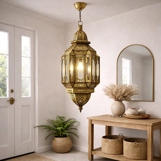 Large Moroccan brass oriental lantern pendant light illuminating a bright and elegant entryway interior