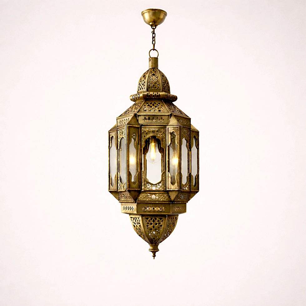 Moroccan handcrafted brass oriental lantern pendant light with glass panels on clean neutral background