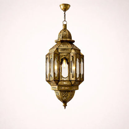 Moroccan handcrafted brass oriental lantern pendant light with glass panels on clean neutral background