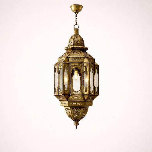 Moroccan handcrafted brass oriental lantern pendant light with glass panels on clean neutral background