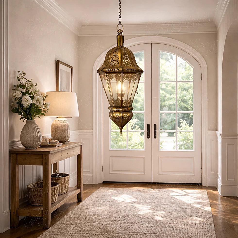 Brass Moroccan lantern hanging in a bright American entryway with white walls and wooden console table