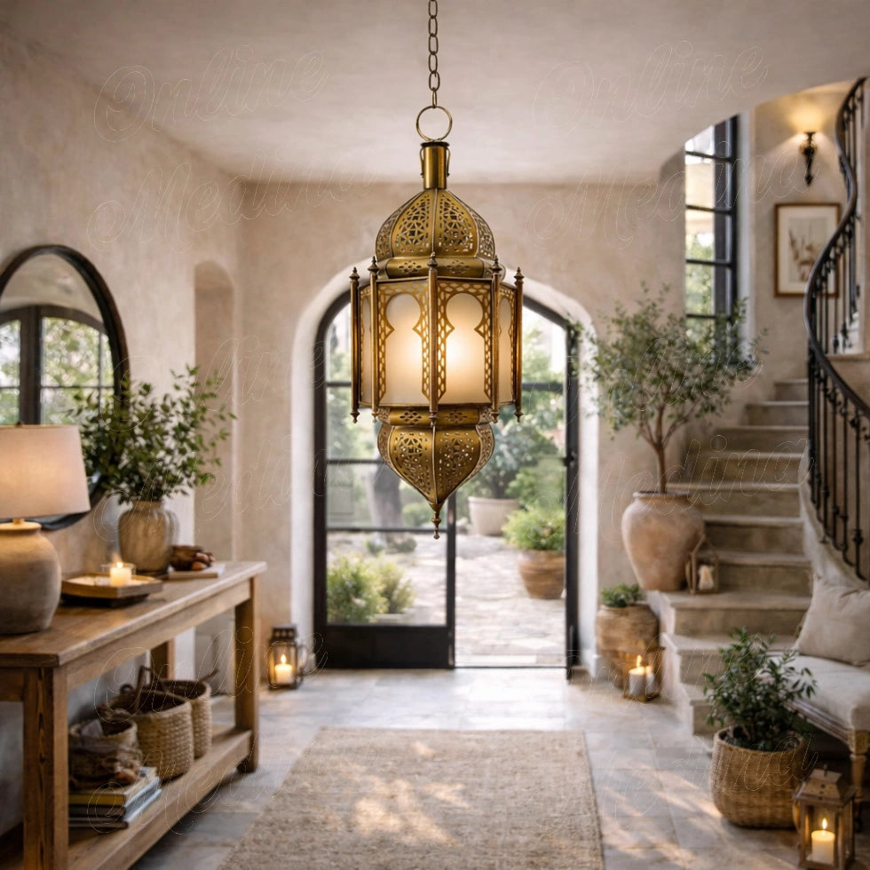 Moroccan brass hanging lantern in a European entry hall with arched doorway, console table, and soft daylight