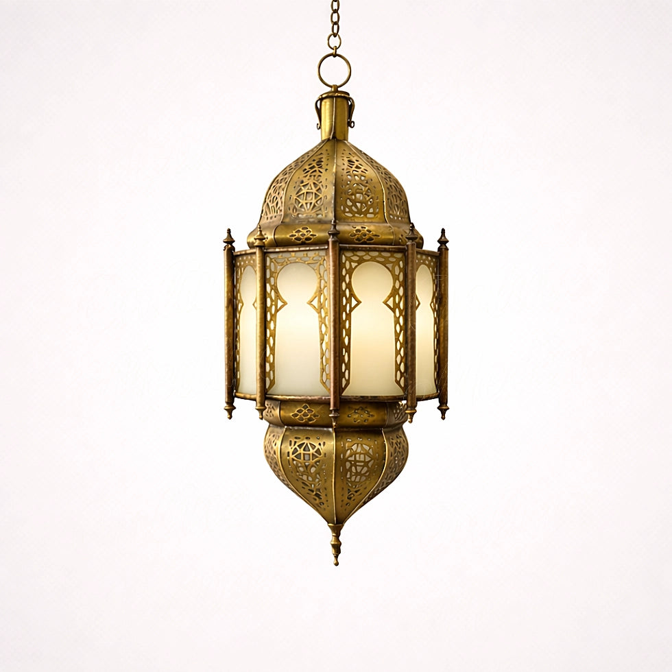 Handcrafted Moroccan brass lantern with frosted glass panels on a clean neutral studio background