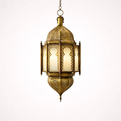 Handcrafted Moroccan brass lantern with frosted glass panels on a clean neutral studio background