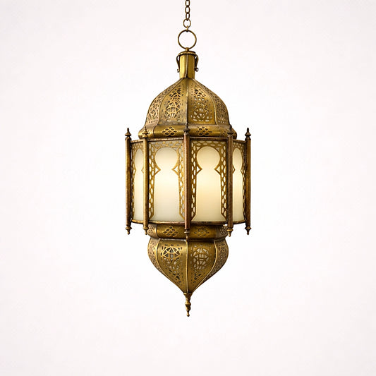 Handcrafted Moroccan brass lantern with frosted glass panels on a clean neutral studio background