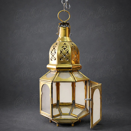 Traditional Moroccan brass candle lantern with clear glass panels and open door designed for candle use