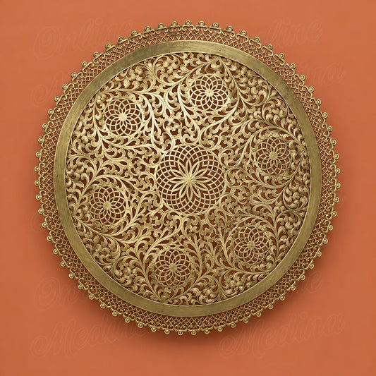 Round brass wall sconce with botanical scrollwork and a pierced border against a terracotta background.
