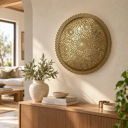 Botanical filigree brass wall sconce on a cream wall above a wooden console with a vase.