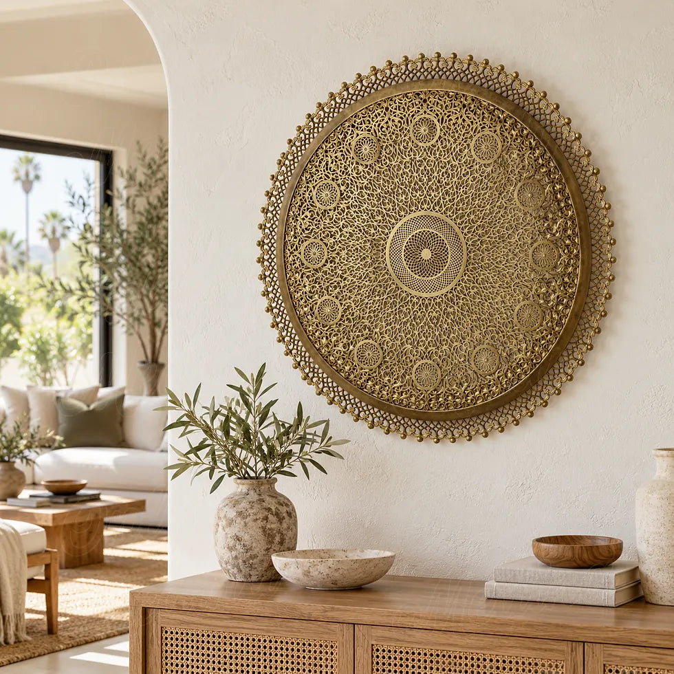 Round brass wall sconce with openwork floral rosettes above a wooden console in a bright living room.