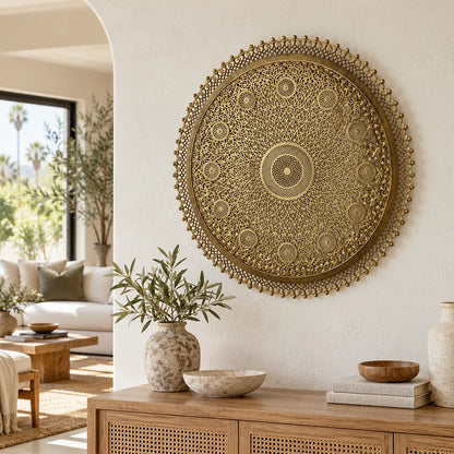 Round brass wall sconce with openwork floral rosettes above a wooden console in a bright living room.