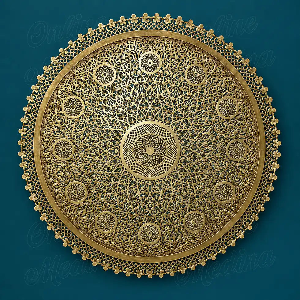 Front view of a round brass wall sconce with floral rosettes and a pierced border against a deep teal background.