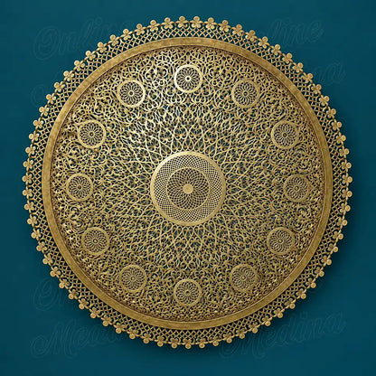 Front view of a round brass wall sconce with floral rosettes and a pierced border against a deep teal background.