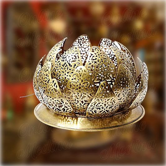 Lotus-shaped Moroccan lamp handcrafted in brass, pierced floral design by Master Slwak – warm oriental lighting for elegant interiors