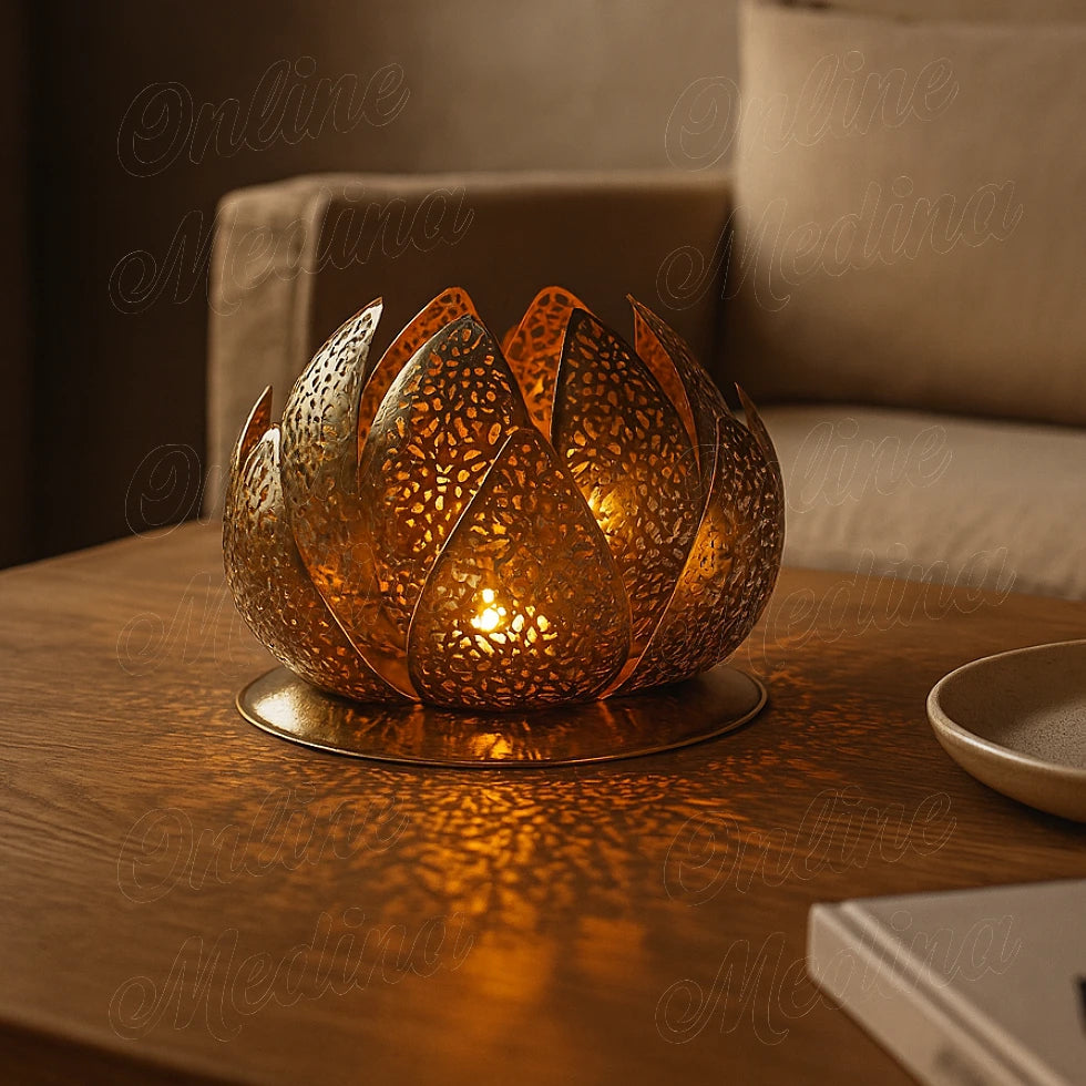 Lit Moroccan lotus lamp in brass casting warm patterned light on a wooden surface at night