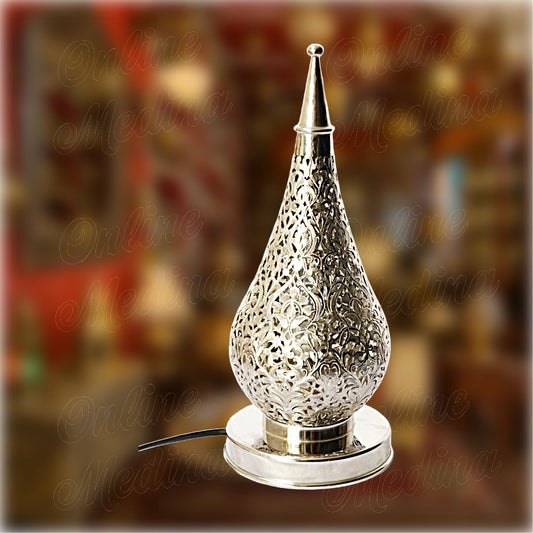 Drop-shaped oriental lamp in silver alloy, handcrafted with pierced floral patterns – elegant ambient light for Moroccan-inspired interiors