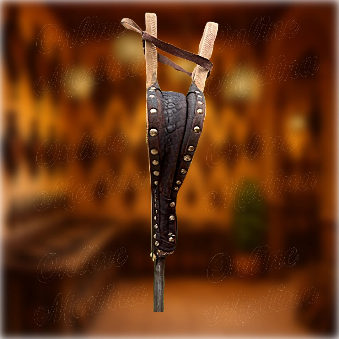 Moroccan artisanal fireplace bellows – detailed side view showing leather folds and brass nails, handcrafted in Marrakech