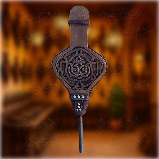 Artisan Moroccan bellows – hand-carved light wood model for fireplace, made with leather and brass accents in Marrakech